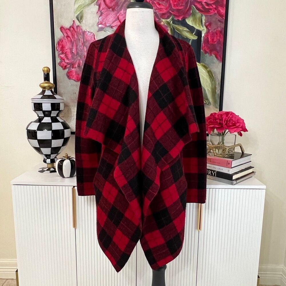 Lauren Ralph Lauren Women's Buffalo Plaid Wool Cardigan Sweater Red Black Small